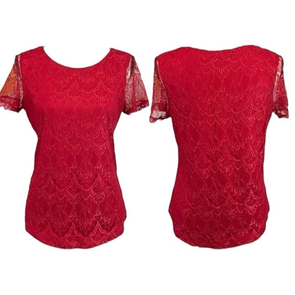 Notations Red Lace Layered Short Sleeve Shirt sz M - Picture 12 of 13
